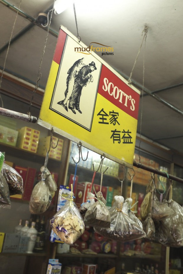 Scott's fish oil advertisement board at Kok Ann medical store, a traditional chinese medicine outlet at Kuching, Malaysia