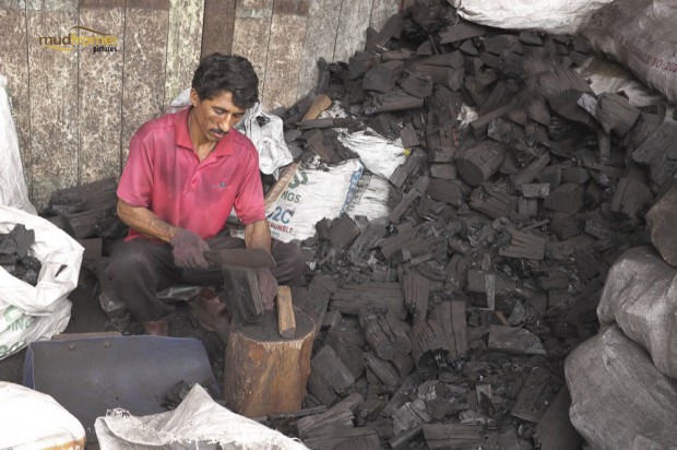 A foreign worker splitting charcoal wood at the charcoal factory at Kuala Sepetang